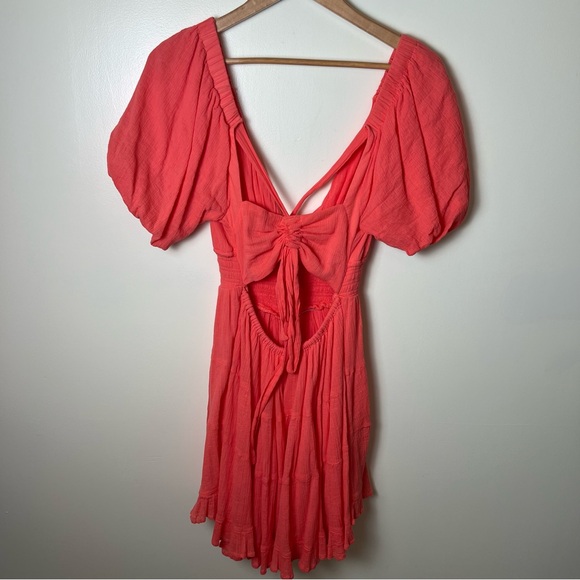 Free People Perfect Day V Neck Smocked Mini Dress Balloon Sleeve XS Watermelon - Picture 6 of 11